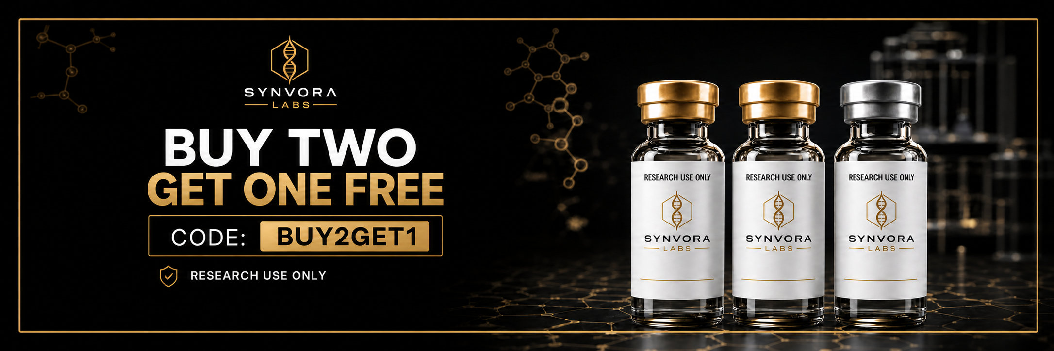 Synvora Labs buy two get one free promotion. Use code BUY2GET1 at checkout.